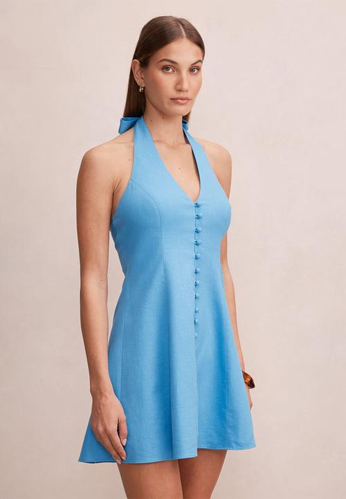Forever New - Ina button front halter mini dress in blue lemonade