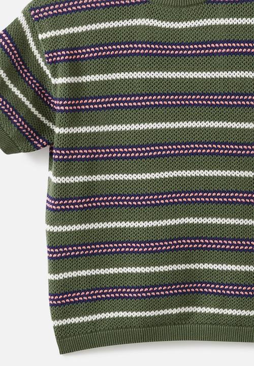 Cotton On - Oversized Knit T-shirt - Khaki Green/Sunkissed Stripe