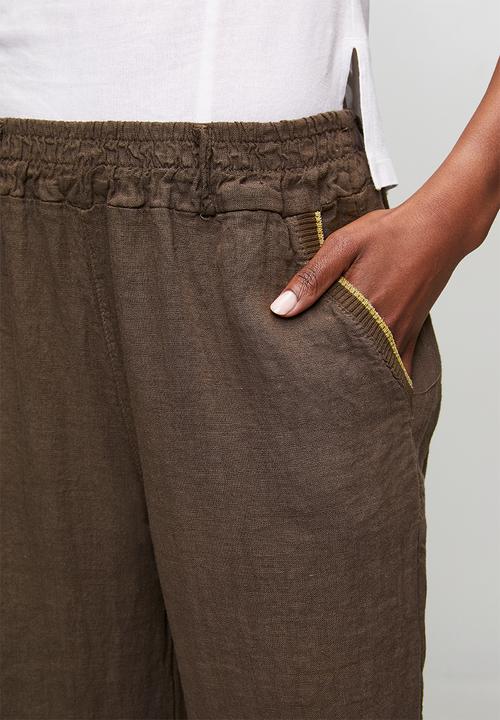Stella Morgan - Made In Italy Elasticated Pull On Wide Leg 100% Linen Pant - Chocolate