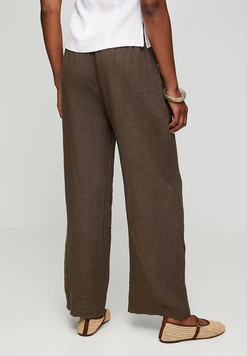 Stella Morgan - Made In Italy Elasticated Pull On Wide Leg 100% Linen Pant - Chocolate