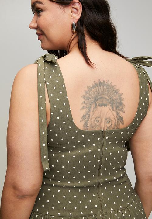 Me&B - Plus Bengaline Stretch Dress With Shoulder Tie Detail - Green Spot