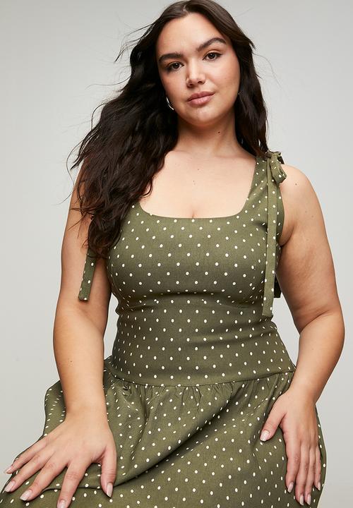 Me&B - Plus Bengaline Stretch Dress With Shoulder Tie Detail - Green Spot
