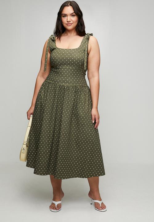Me&B - Plus Bengaline Stretch Dress With Shoulder Tie Detail - Green Spot