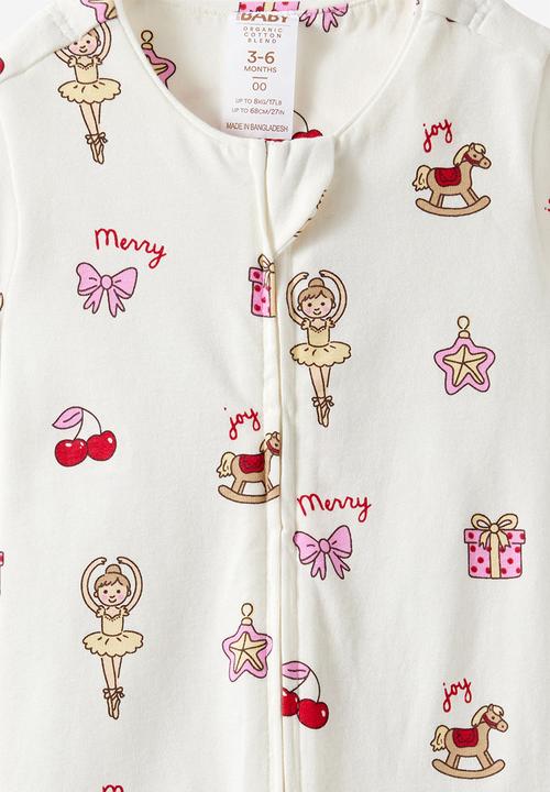 Cotton On - Growie Short Sleeve Zip Romper - Vanilla/Christmas Ballerina