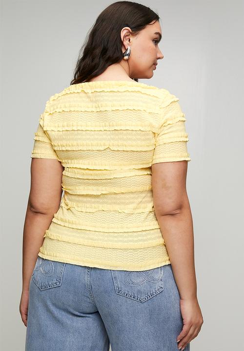 Me&B - Plus Square Neck Banana Lace Frill Fitted Tee - Yellow