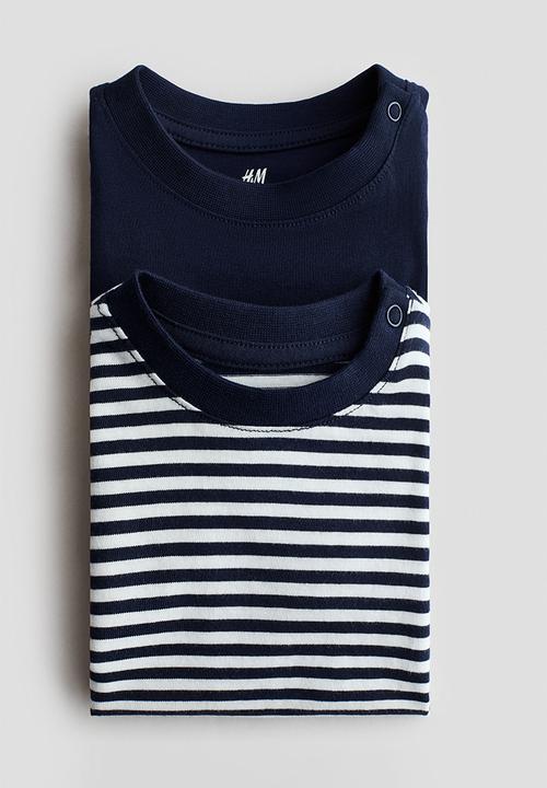 H&M - 2-Pack cotton T-shirts - navy blue/white striped