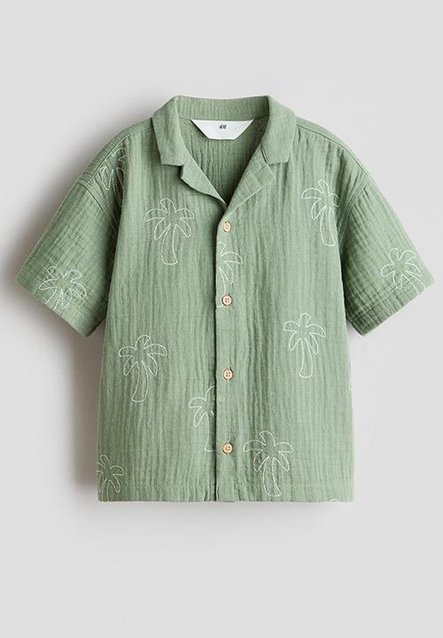 H&M - Embroidered muslin resort shirt - green/palm trees