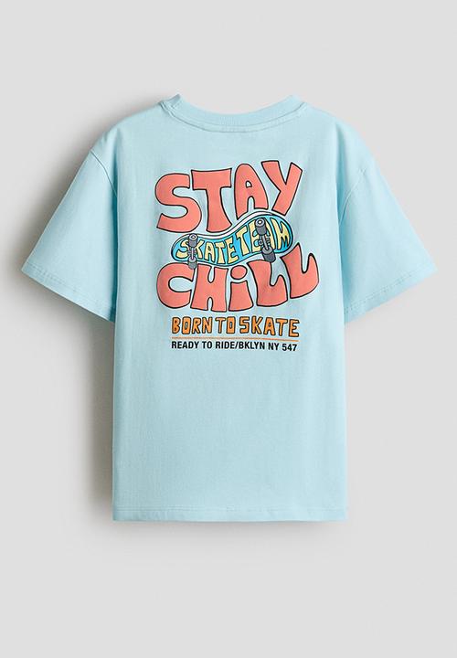 H&M - Printed cotton t-shirt - light turquoise/stay chill