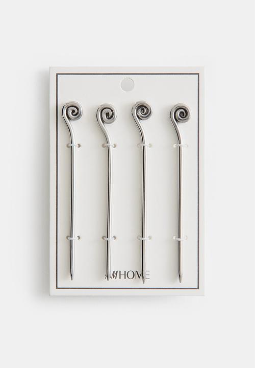 H&M - 4-pack swirl-detail cocktail picks - silver-coloured