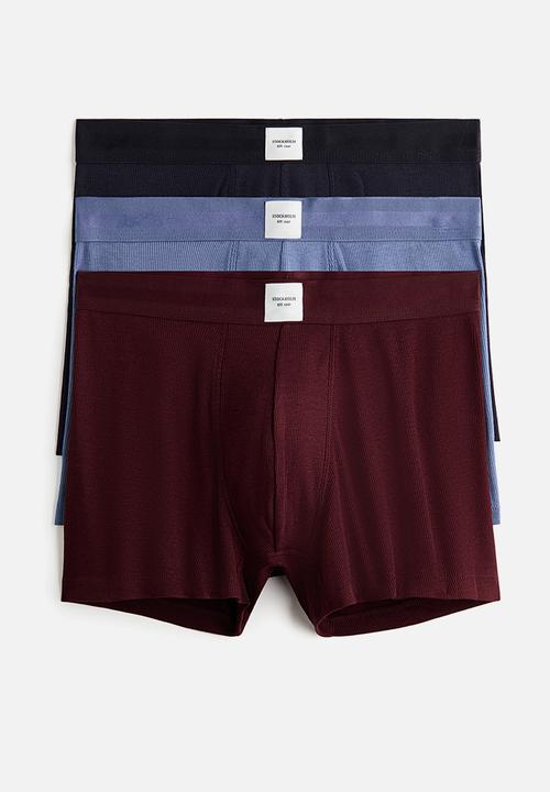 H&M - 3-pack ribbed short trunks - black/dusty blue/burgundy