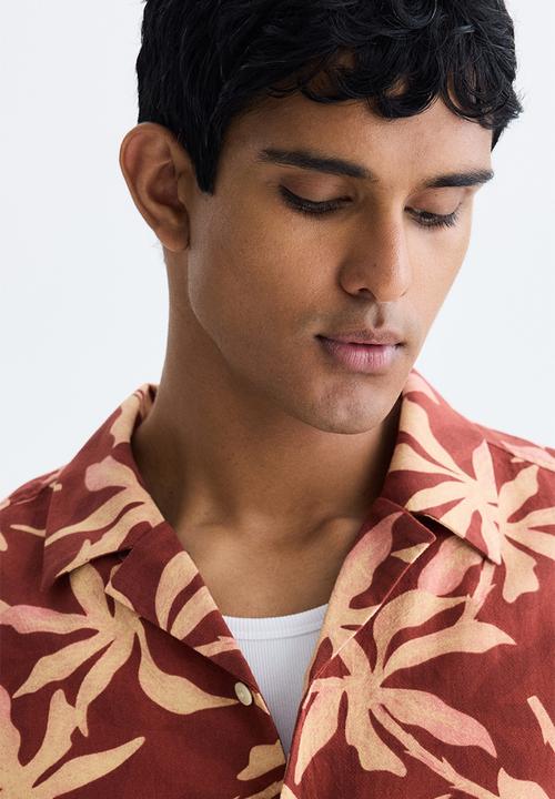H&M - Relaxed fit cotton resort shirt - rust red/patterned
