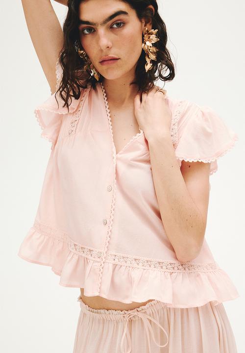 H&M - Lace-inset blouse - light peach pink