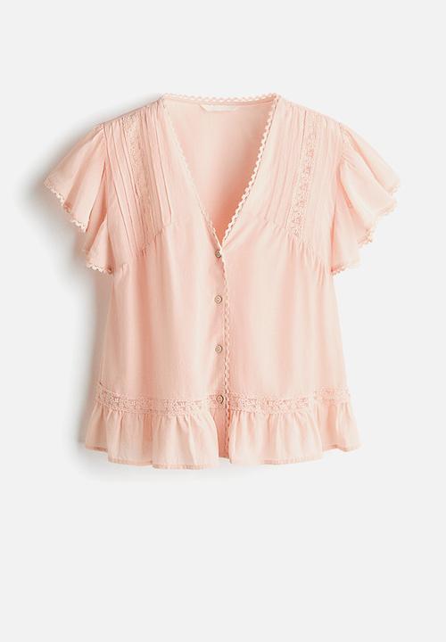 H&M - Lace-inset blouse - light peach pink