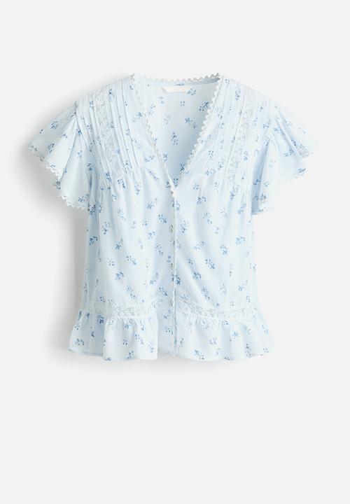 H&M - Lace-inset blouse - light blue/floral