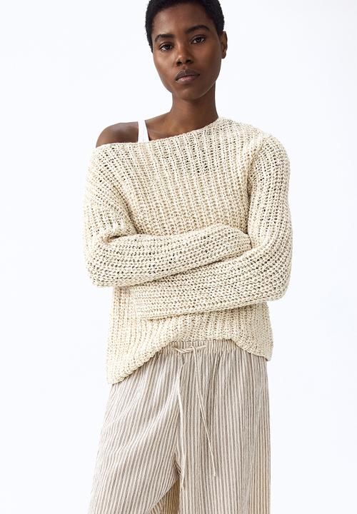 H&M - Wide pull-on trousers - light beige/striped