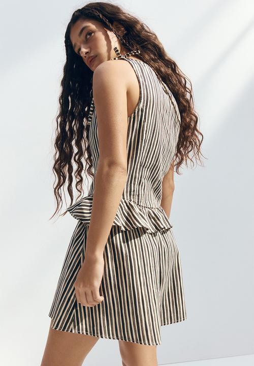H&M - Linen-blend peplum top - dark grey/striped