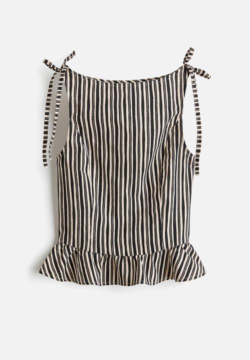 H&M - Linen-blend peplum top - dark grey/striped