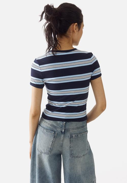 H&M - Fitted cotton t-shirt - navy blue/striped