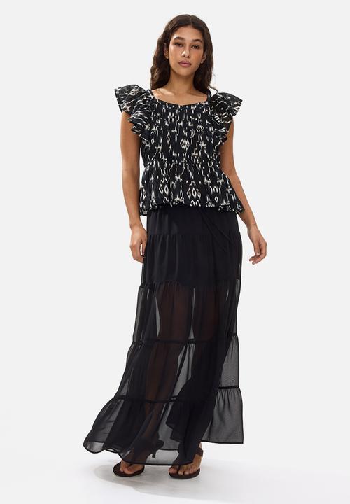 H&M - Frill-trimmed cotton top - dark grey/patterned