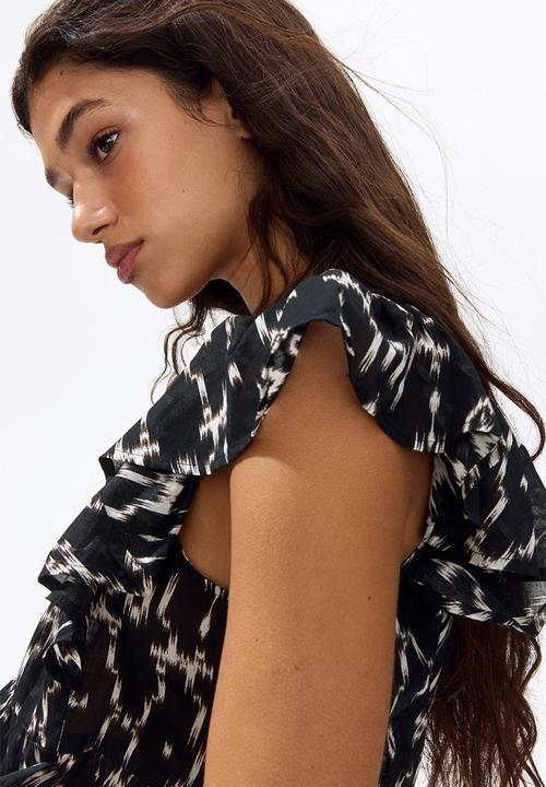 H&M - Frill-trimmed cotton top - dark grey/patterned