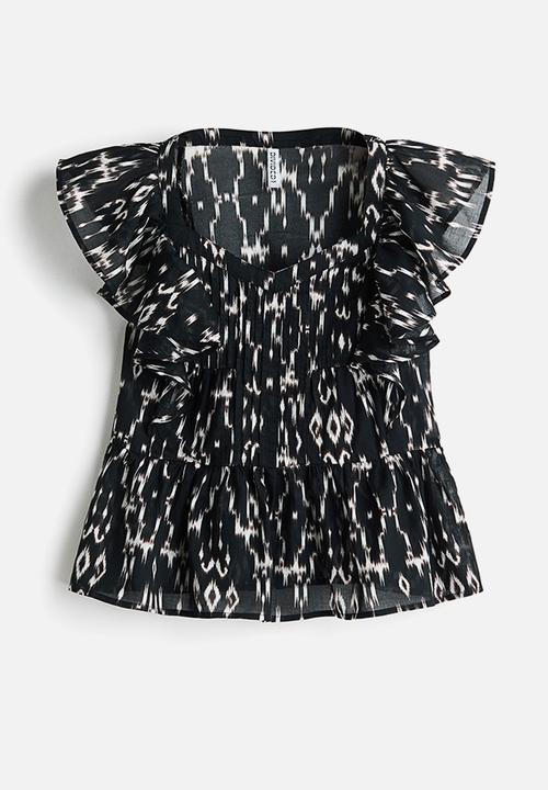 H&M - Frill-trimmed cotton top - dark grey/patterned