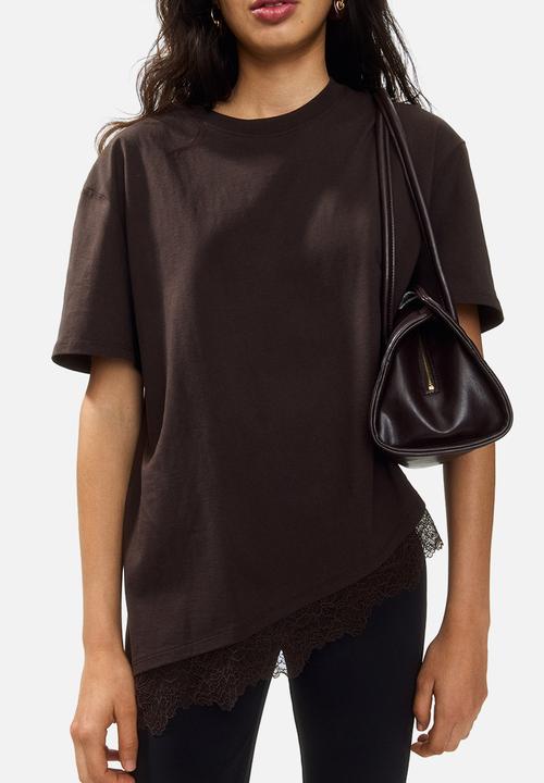 H&M - Asymmetric lace-trimmed t-shirt - dark brown