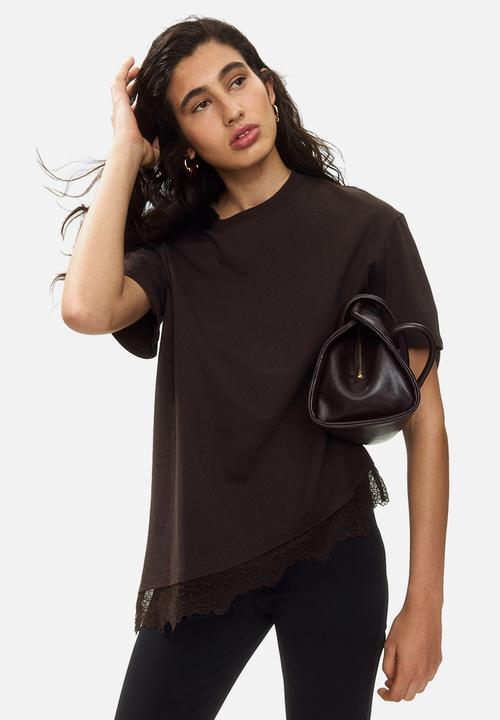 H&M - Asymmetric lace-trimmed t-shirt - dark brown