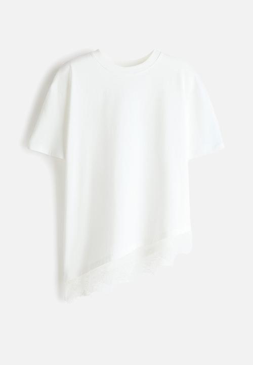 H&M - Asymmetric lace-trimmed t-shirt - white