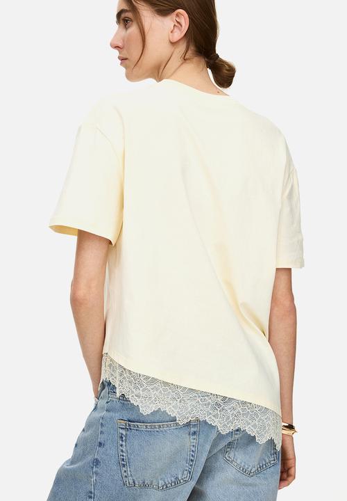 H&M - Asymmetric lace-trimmed t-shirt - light yellow