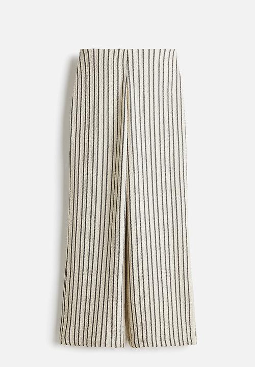 H&M - Wide crinkled trousers - light beige/dark grey striped