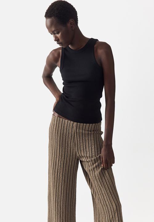 H&M - Wide crinkled trousers - dark mole/striped