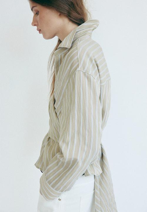H&M - Tie-detail blouse - light beige/striped