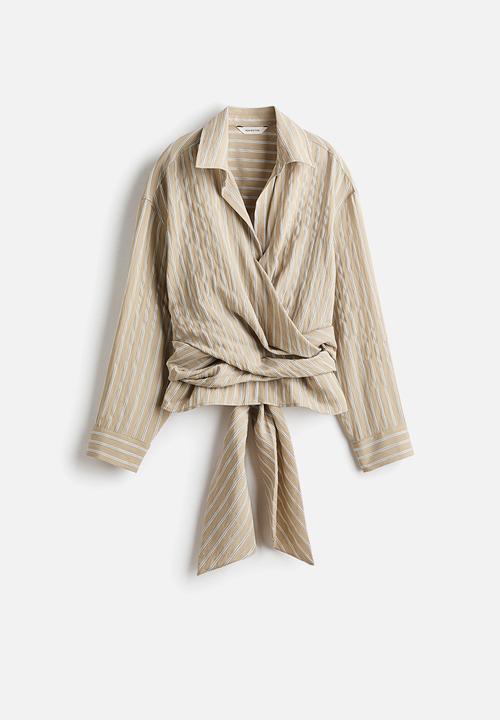 H&M - Tie-detail blouse - light beige/striped