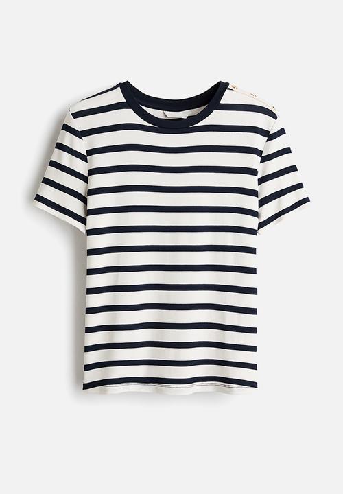 H&M - Button-detail viscose top - navy blue/striped