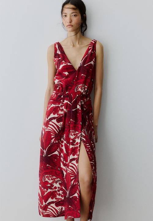 H&M - V-neck midi dress - red/patterned