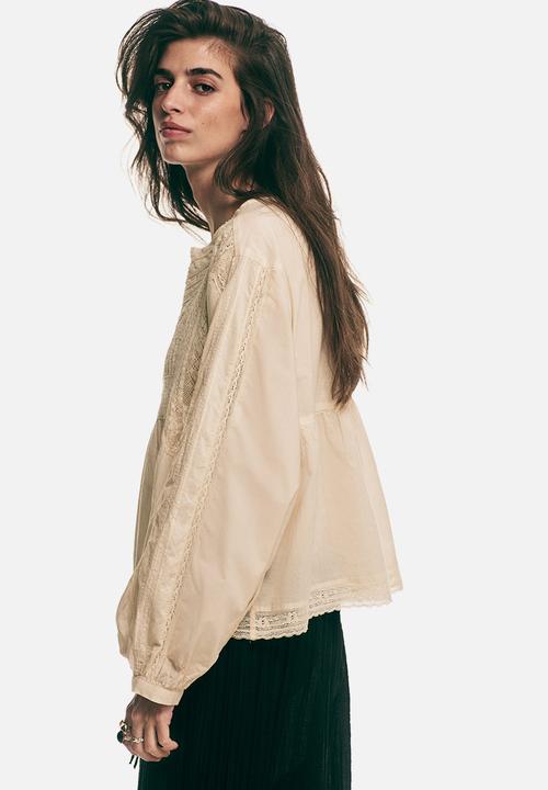 H&M - Lace-inset cotton blouse - light beige