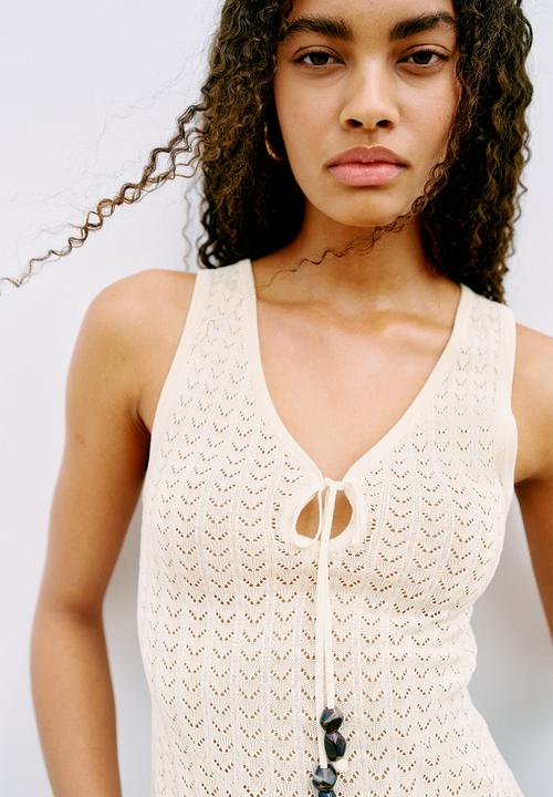 H&M - Pointelle-knit tie-detail top - light beige