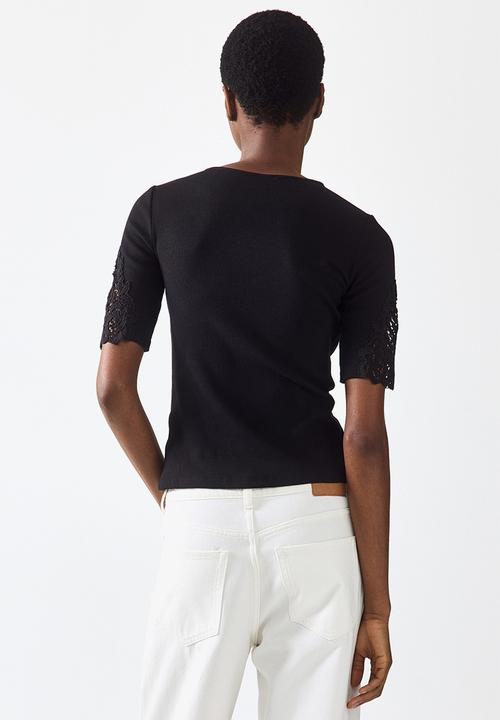 H&M - Ribbed lace-inset top - black