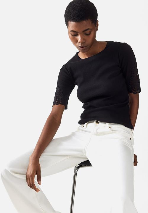 H&M - Ribbed lace-inset top - black
