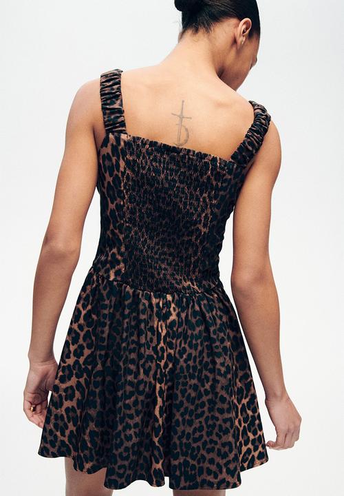 H&M - Printed flared-skirt dress - dark brown/leopard print