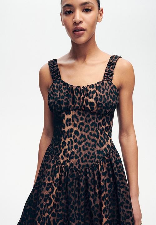 H&M - Printed flared-skirt dress - dark brown/leopard print