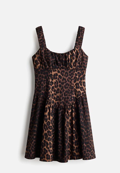 H&M - Printed flared-skirt dress - dark brown/leopard print