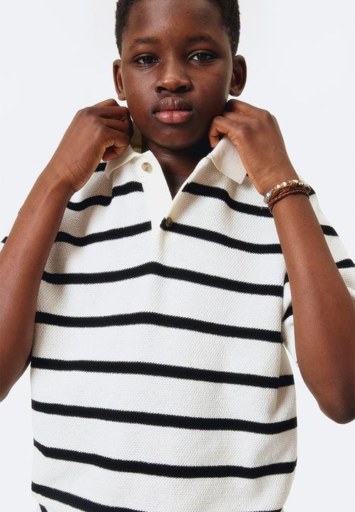 H&M - Waffle-knit polo shirt - white/black striped