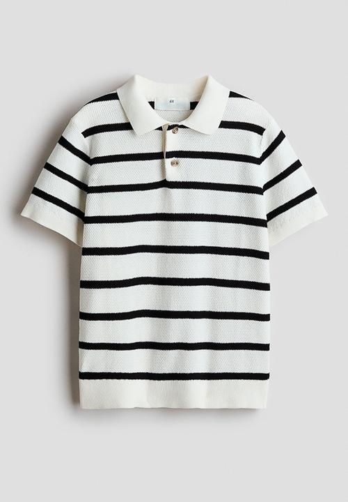 H&M - Waffle-knit polo shirt - white/black striped
