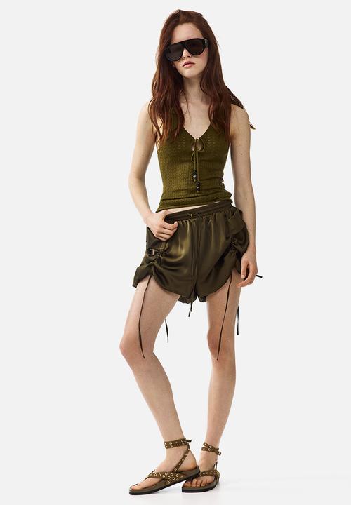 H&M - Pointelle-knit tie-detail top - olive green