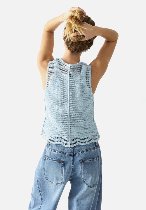 H&M - Crochet-look button-front top - light dusty turquoise