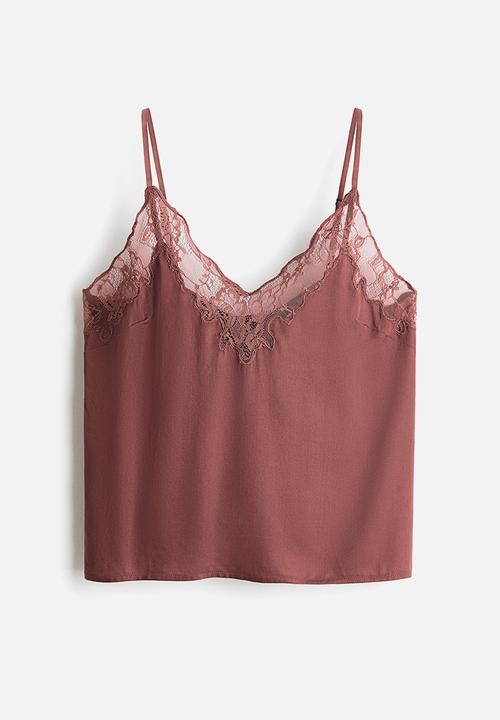H&M - Lace-trimmed satin pyjama top - dusty maroon