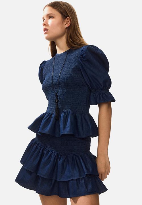 H&M - Smocked denim blouse - dark denim blue