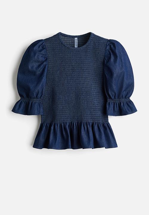 H&M - Smocked denim blouse - dark denim blue
