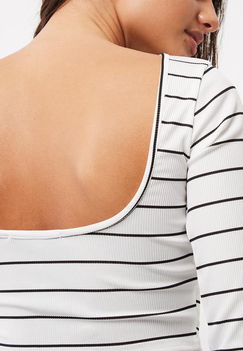 Missguided - Ribbed jersey striped long sleeve scoop back crop top